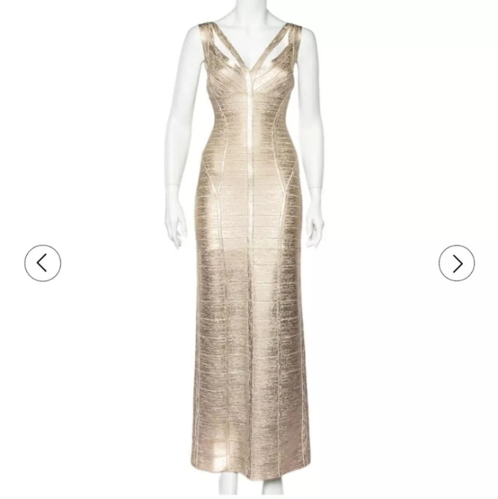 Herve Leger Champagne Metallic Bandage Maxi Gown